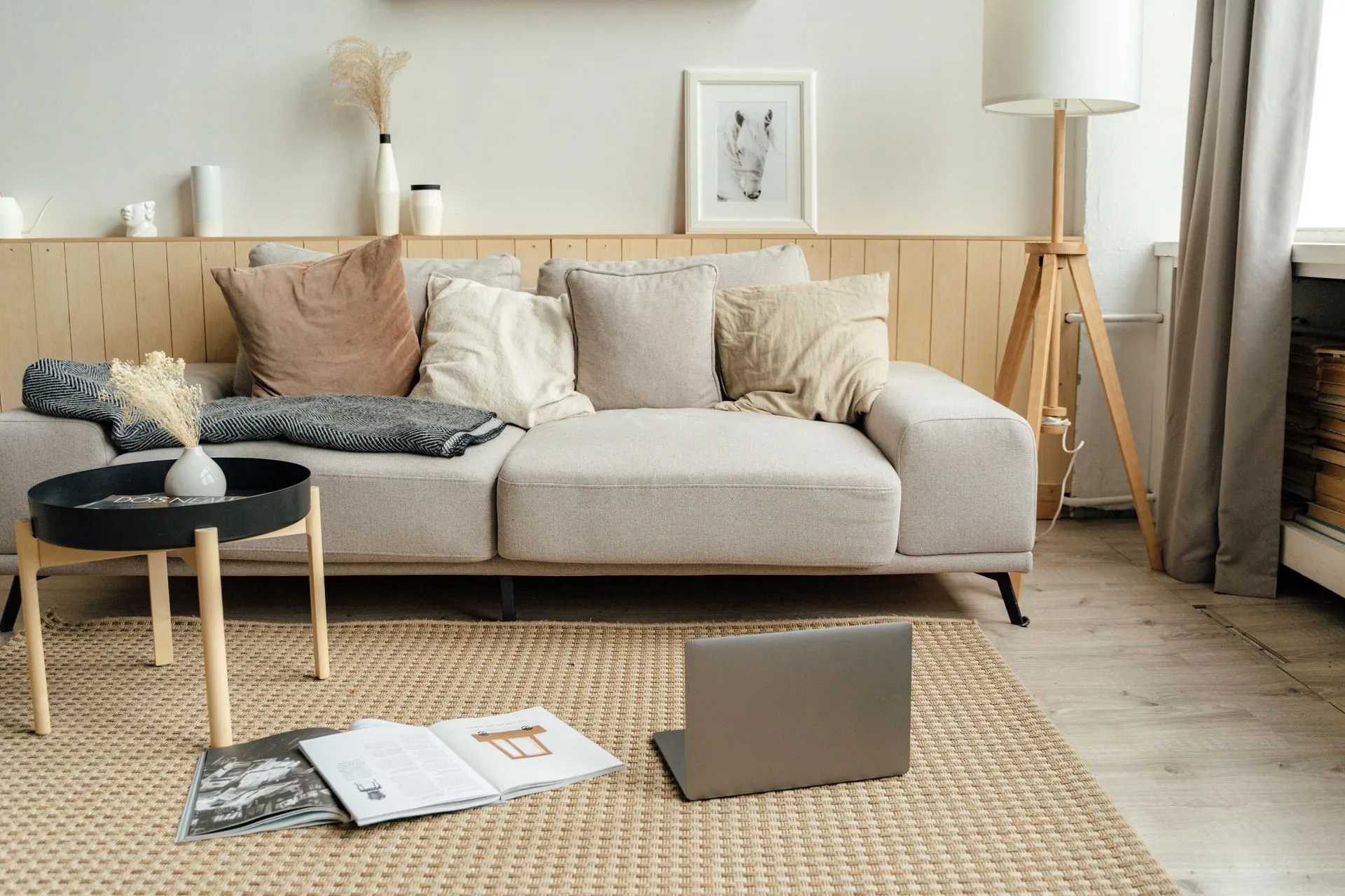 Living room with beige sofa, pillows, rug, wooden floor lamp, and a laptop on the rug.